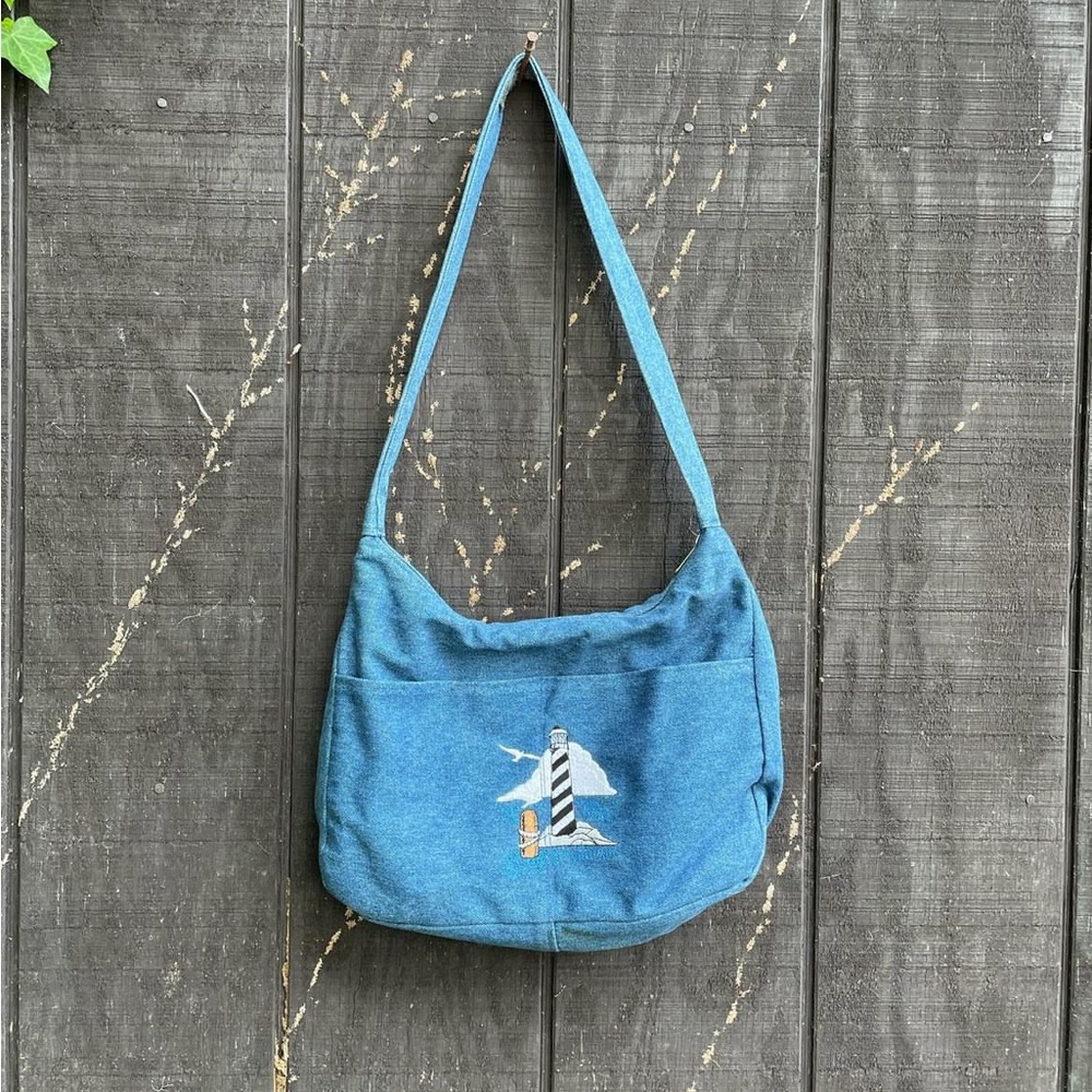 Vintage denim lighthouse handbag